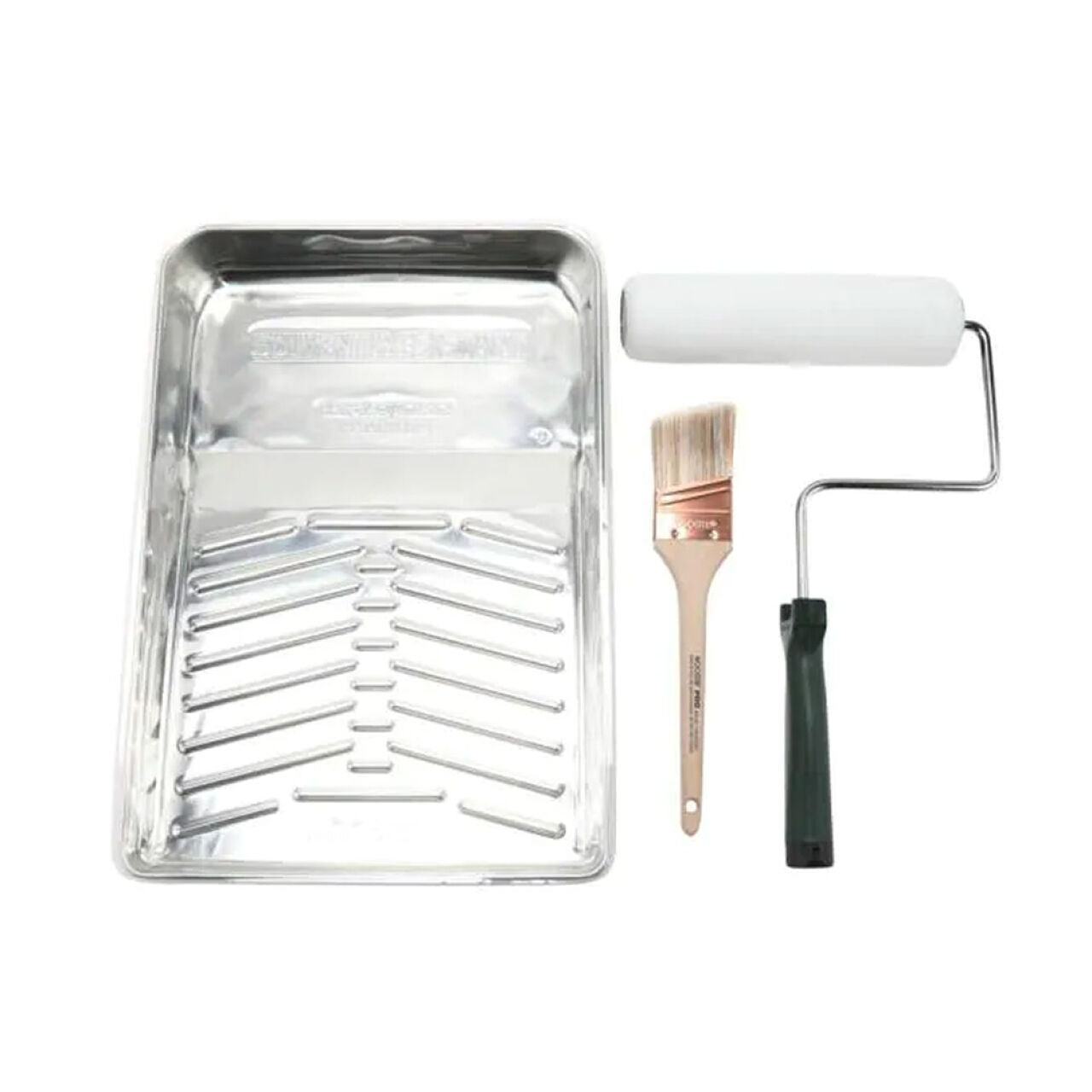 The Go Build Pro Roller Tray Set (5-Piece), with a silver tray, wooden-handled paintbrush, and black-handled foam roller, is ideal for achieving a professional paint finish on any white background.